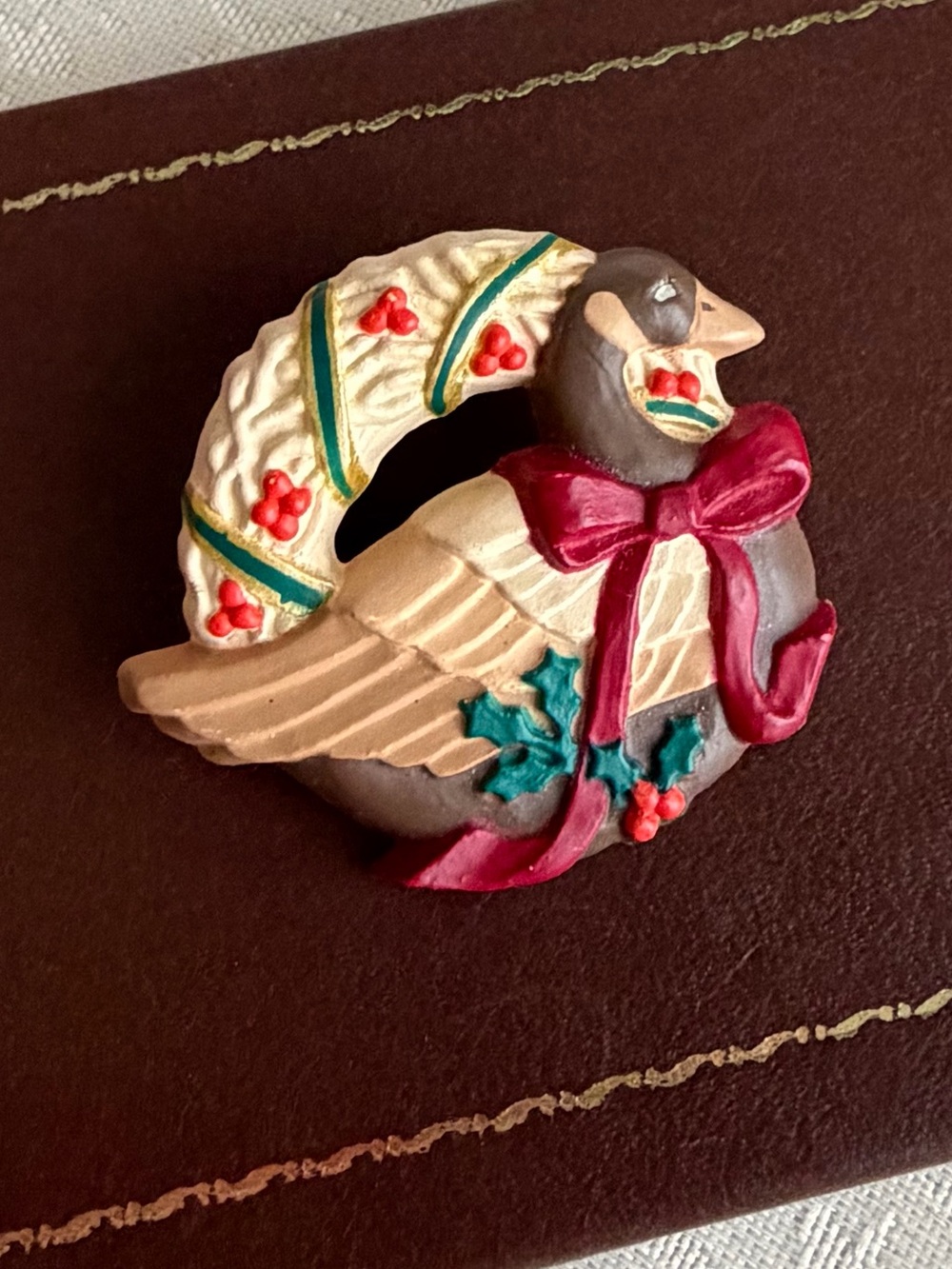 Festive Goose Bird Ornament Pin in Cream, Red, Green - Vintage Hallmark
